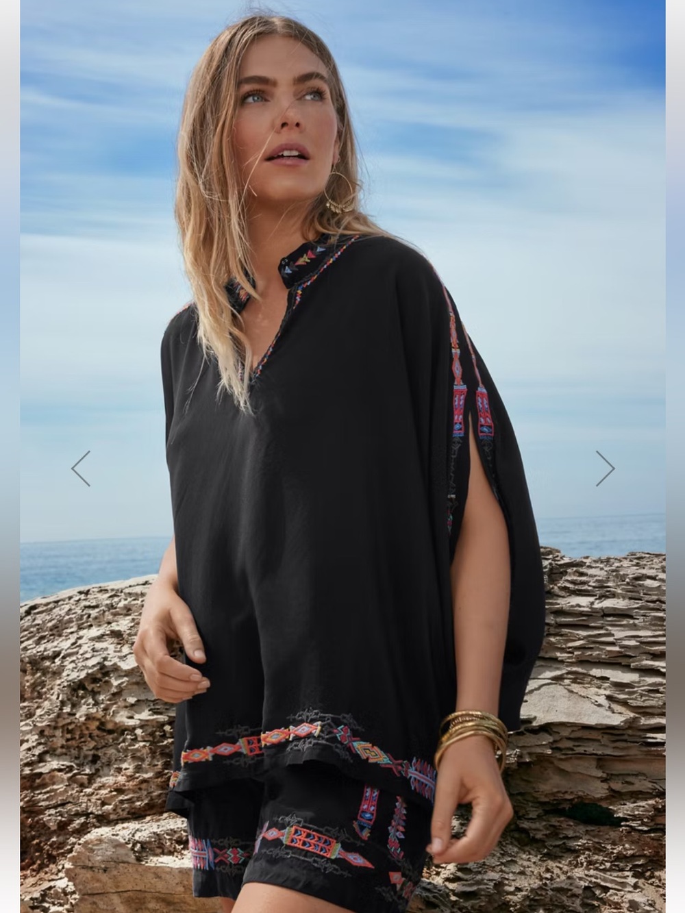 Johnny Was Sascha Poncho Embroidered Split-Sleeve Silk Like New